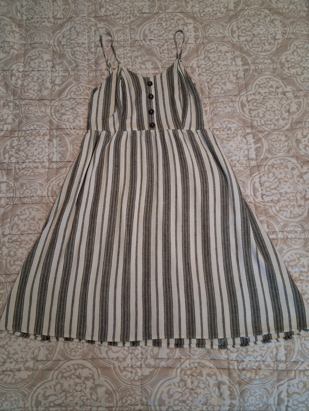 Striped Spaghetti Strap Sundress in Grey/Green & White